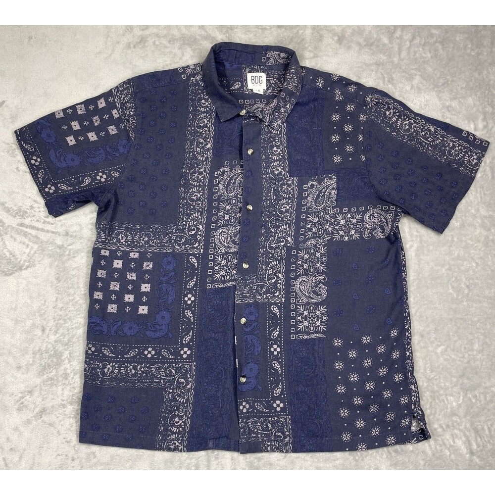 BDG (Urban Outfitters) Navy Blue Bandana Patchwork Short-Sleeve Button-Up Shirt